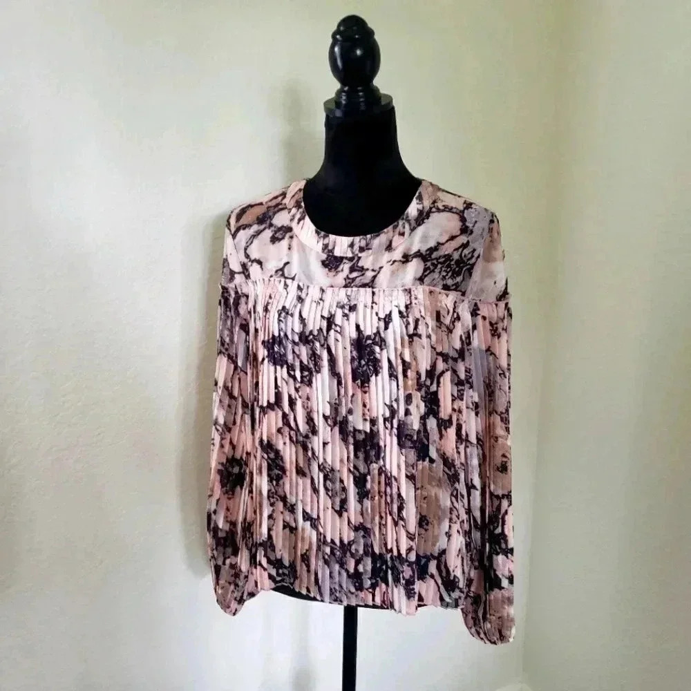 Pleated Floral Watercolor Blouson Long Sleeve Blou